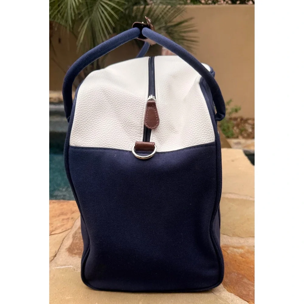 Polo Ralph Lauren Navy NWOT Canvas Weekender Duffel Bag Brown Leather Trim Large